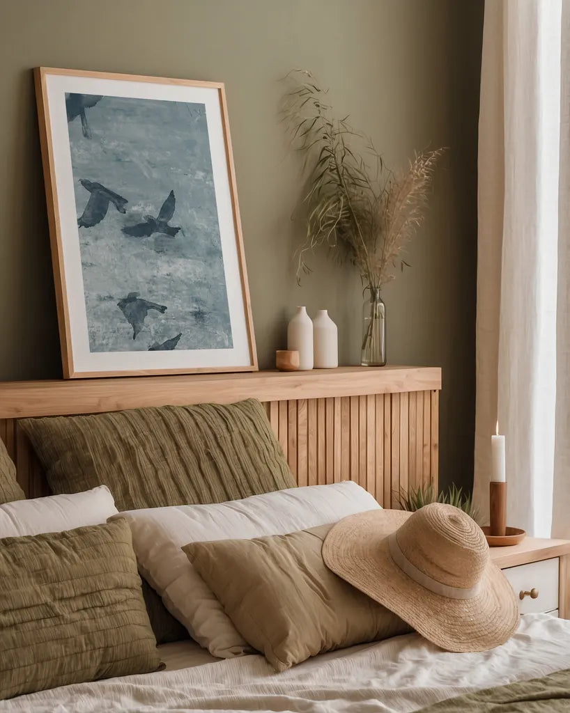 Migration Blue Panel III by Danhui Nai. shown as a paper print in a natural frame. Available as a archival giclee rolled canvas, fine art paper, or poster print. SKU 90166h.