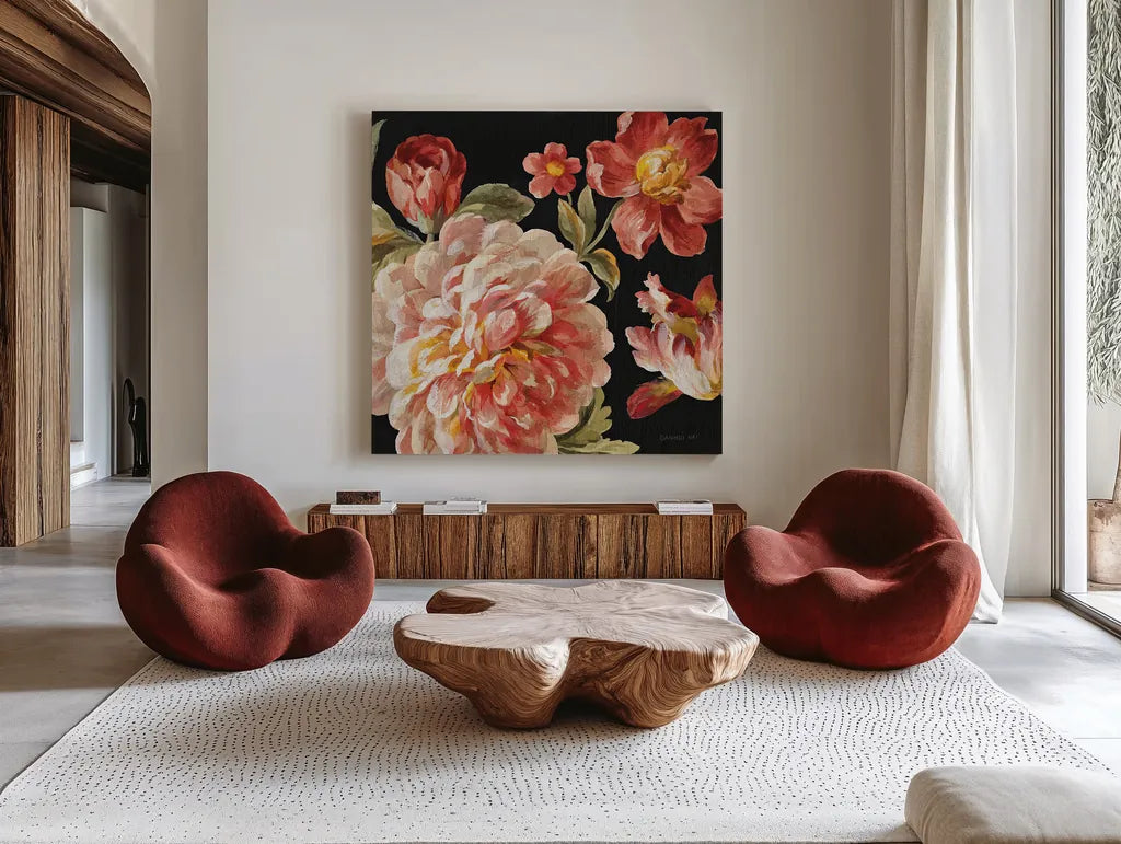 Mixed Floral IV Crop I by Danhui Nai. Shown as extra-large giant wall art in a modern living room. Available as an archival giclee rolled canvas, fine art paper, or poster print. SKU 13546a.