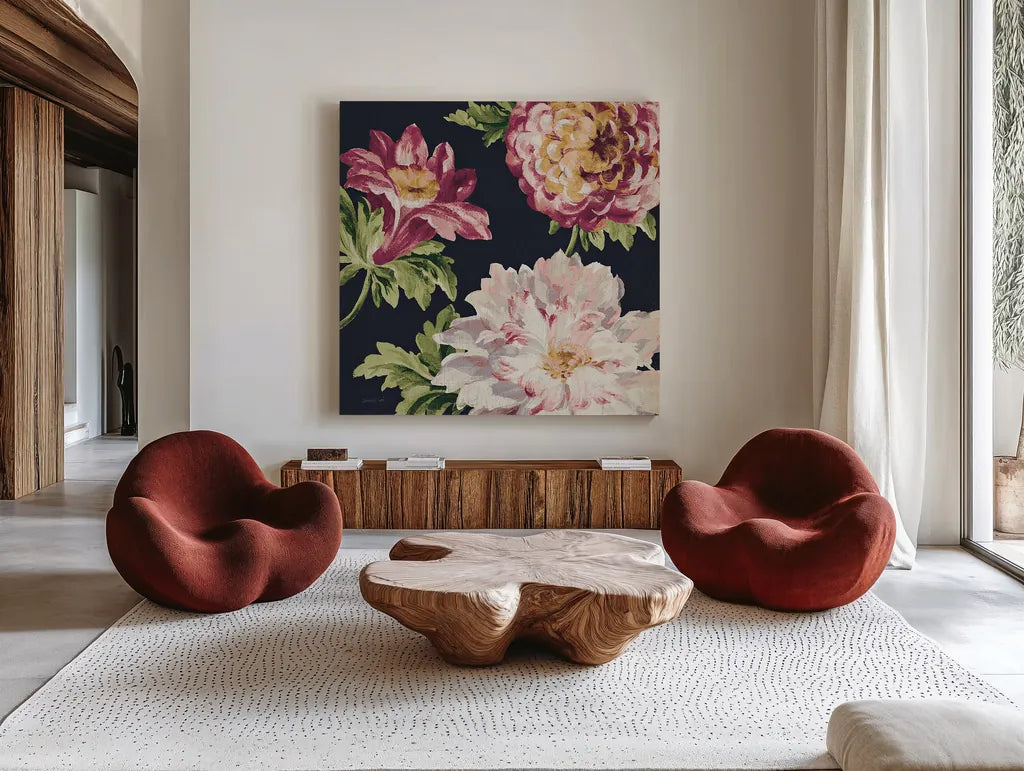 Mixed Floral IV Crop II Pastel by Danhui Nai. Shown as extra-large giant wall art in a modern living room. Available as an archival giclee rolled canvas, fine art paper, or poster print. SKU 27972a.