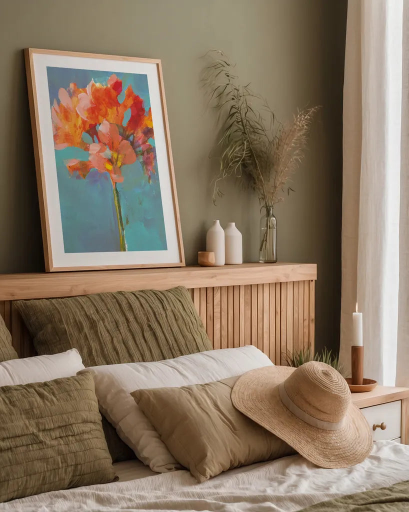 Modern Floral I by Danhui Nai. shown as a paper print in a natural frame. Available as a archival giclee rolled canvas, fine art paper, or poster print. SKU 68227h.