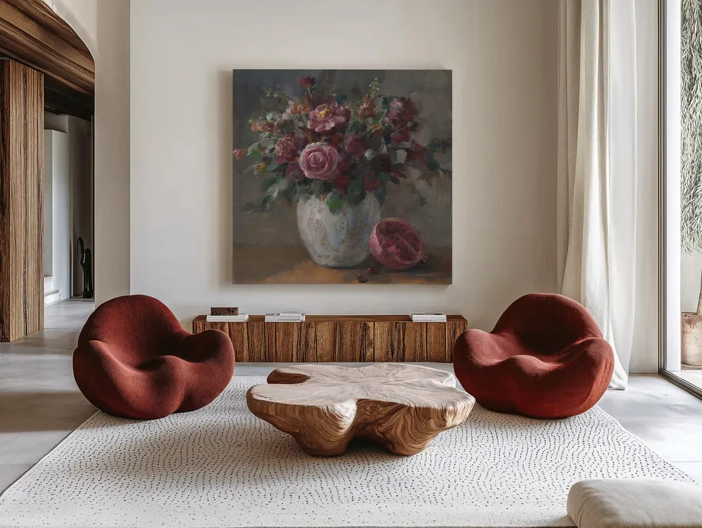 Moody Rich Fall Florals by Danhui Nai. Shown as extra-large giant wall art in a modern living room. Available as an archival giclee rolled canvas, fine art paper, or poster print. SKU 87818a.