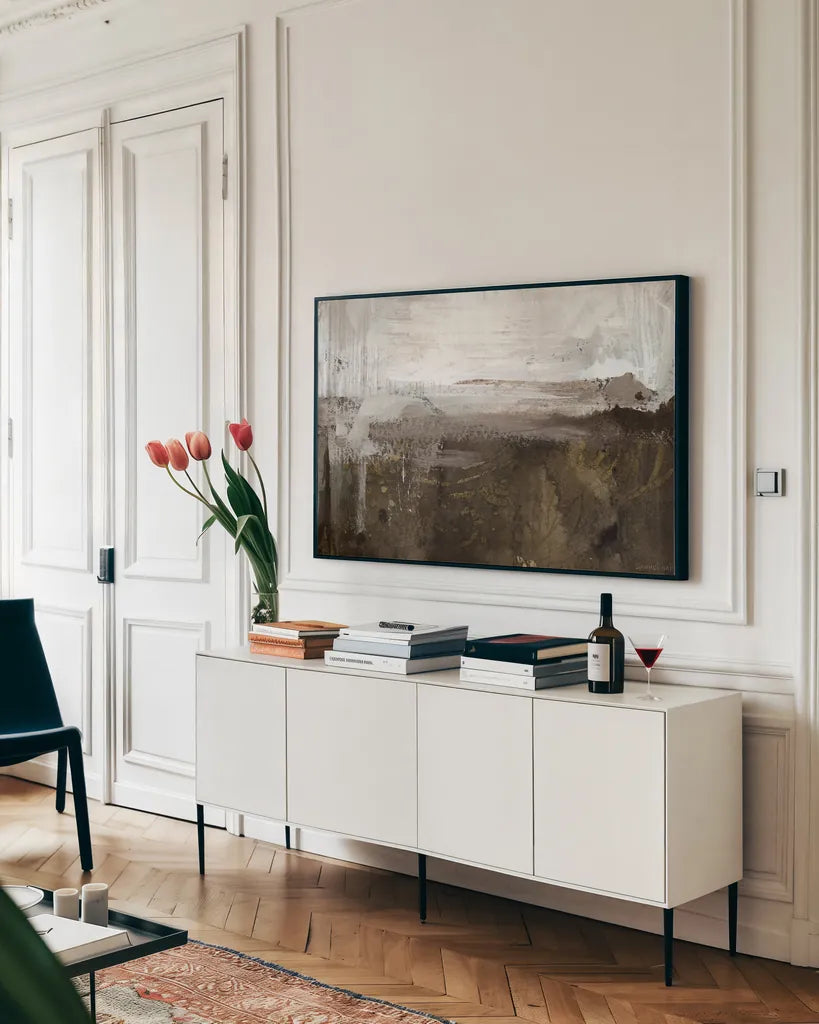 Natural Dreamscape by Danhui Nai. shown as a framed stretched canvas in a living room above a console. Available as a archival giclee rolled canvas, fine art paper, or poster print. SKU 98040i.