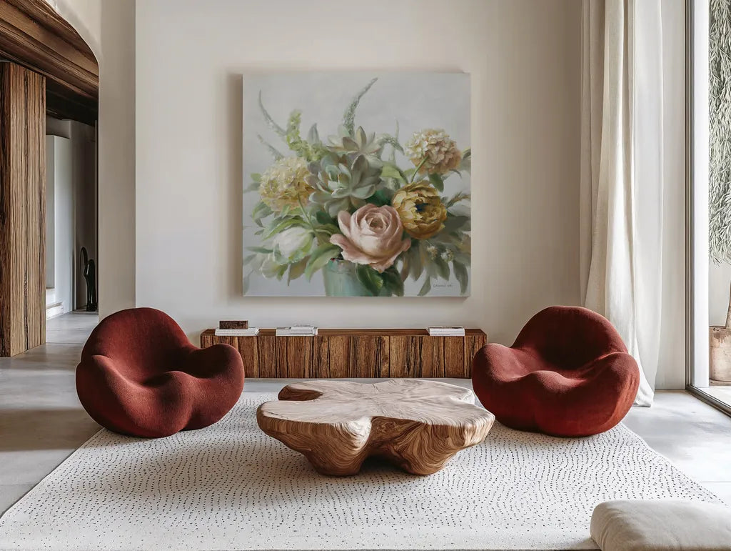 Natural Elegance Fall on Grey no Texture Crop by Danhui Nai. Shown as extra-large giant wall art in a modern living room. Available as an archival giclee rolled canvas, fine art paper, or poster print. SKU 87345a.
