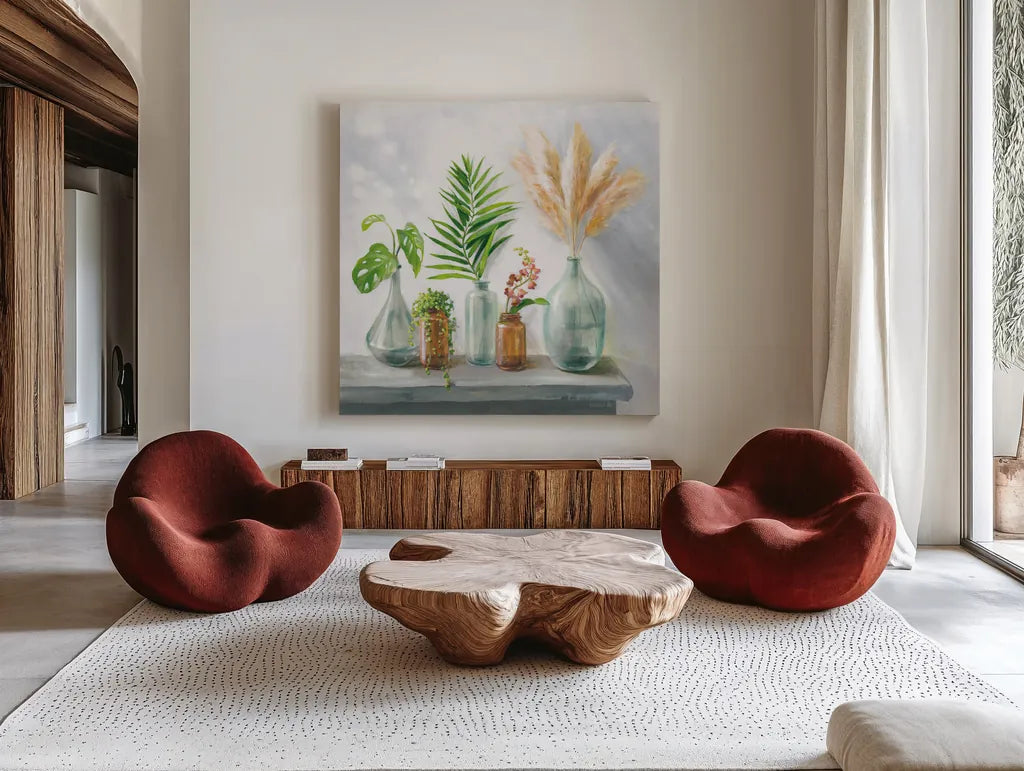 Natural Riches I Clear Vase by Danhui Nai. Shown as extra-large giant wall art in a modern living room. Available as an archival giclee rolled canvas, fine art paper, or poster print. SKU 73435a.