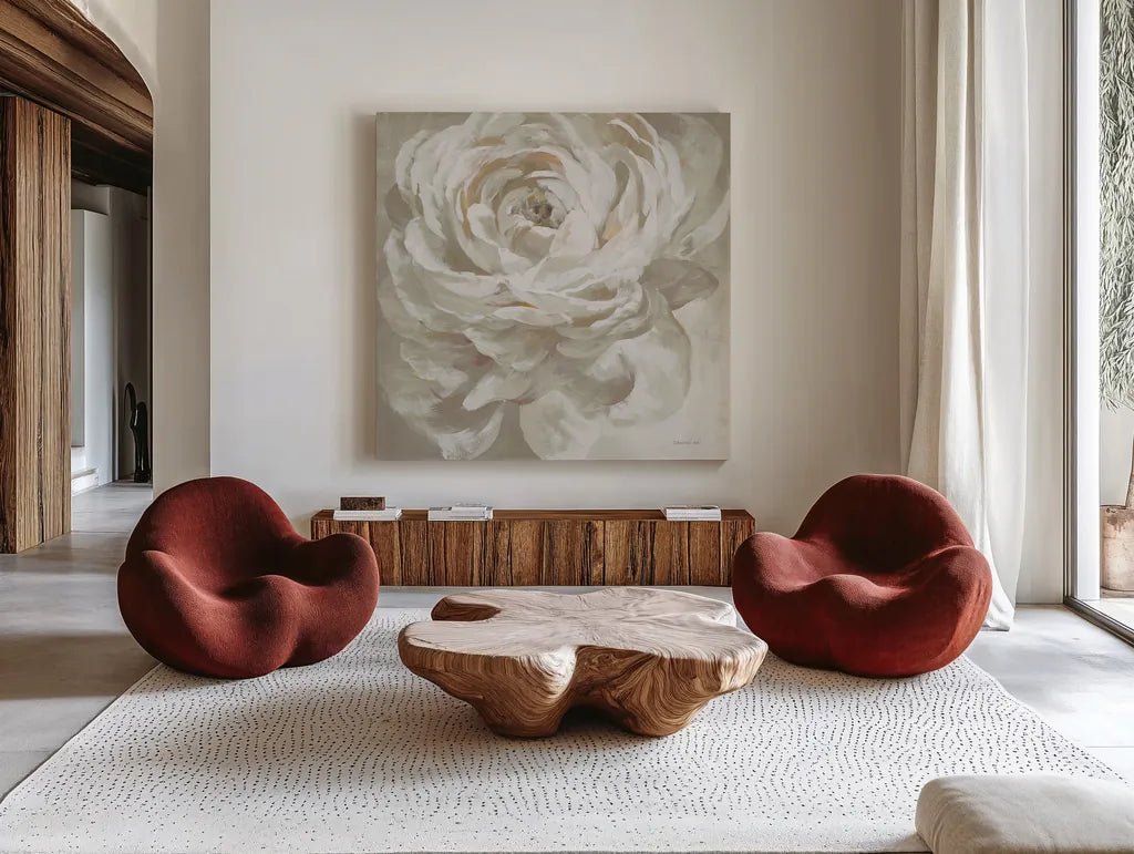 Neutral Rose by Danhui Nai. Shown as extra-large giant wall art in a modern living room. Available as an archival giclee rolled canvas, fine art paper, or poster print. SKU 77168a.