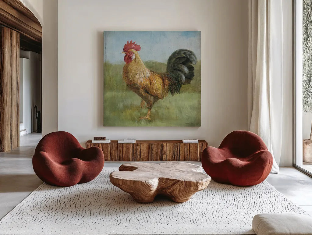 Noble Rooster II Vintage No Border by Danhui Nai. Shown as extra-large giant wall art in a modern living room. Available as an archival giclee rolled canvas, fine art paper, or poster print. SKU 15647a.
