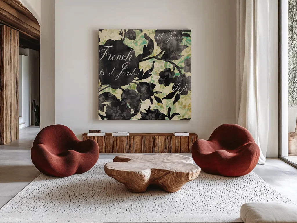Paris Bloom I by Danhui Nai. Shown as extra-large giant wall art in a modern living room. Available as an archival giclee rolled canvas, fine art paper, or poster print. SKU 10498a.
