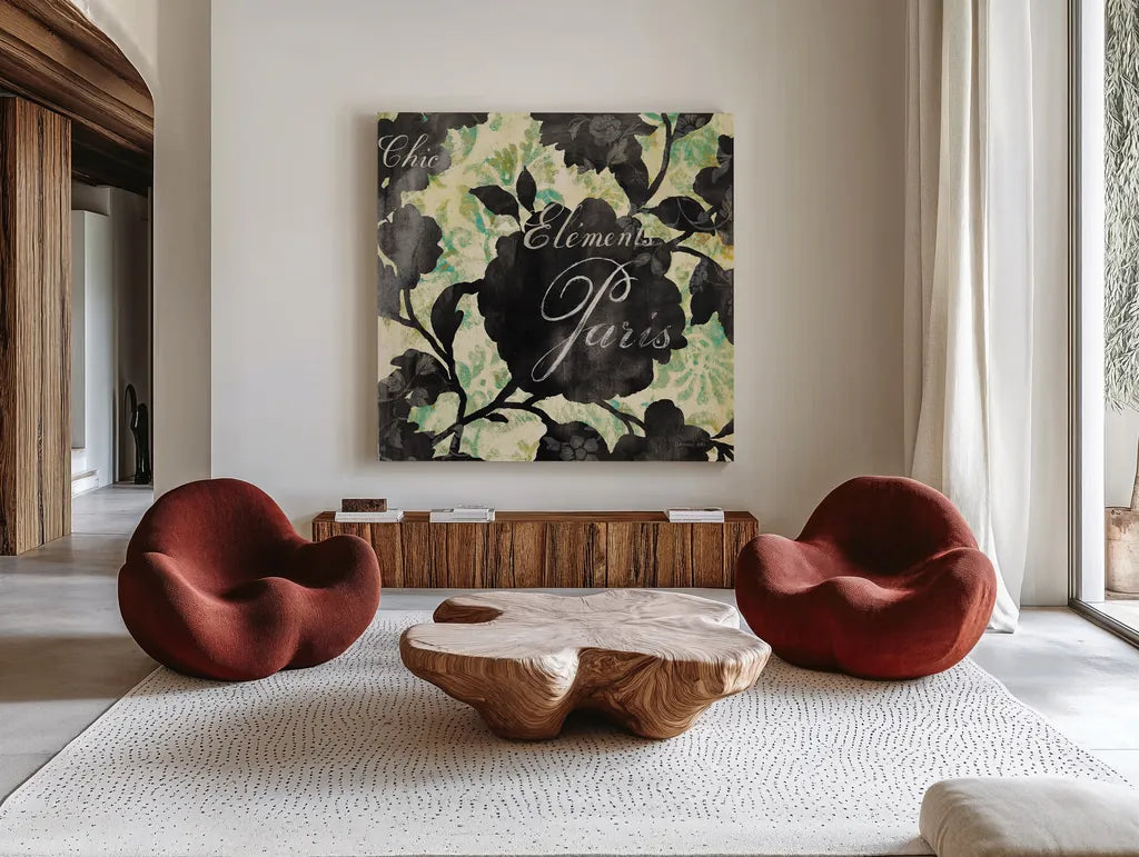 Paris Bloom II by Danhui Nai. Shown as extra-large giant wall art in a modern living room. Available as an archival giclee rolled canvas, fine art paper, or poster print. SKU 10499a.
