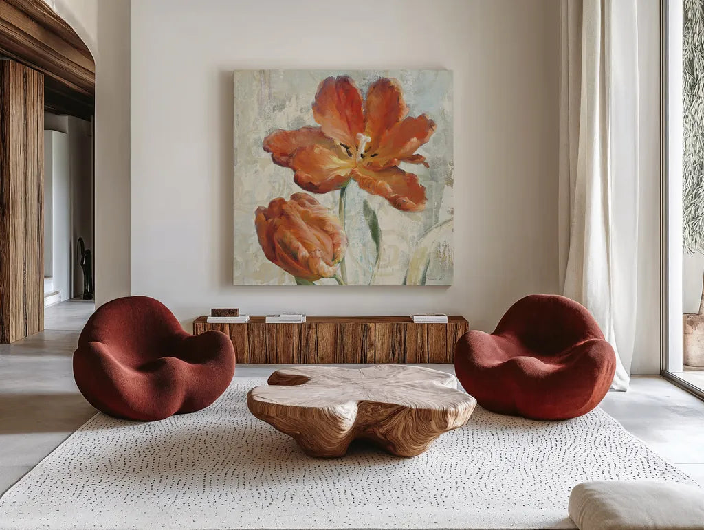 Parrot Tulips II on Ivory by Danhui Nai. Shown as extra-large giant wall art in a modern living room. Available as an archival giclee rolled canvas, fine art paper, or poster print. SKU 21260a.