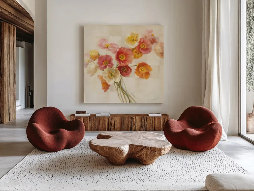 Poppies Delight I by Danhui Nai. Shown as extra-large giant wall art in a modern living room. Available as an archival giclee rolled canvas, fine art paper, or poster print. SKU 9382a.