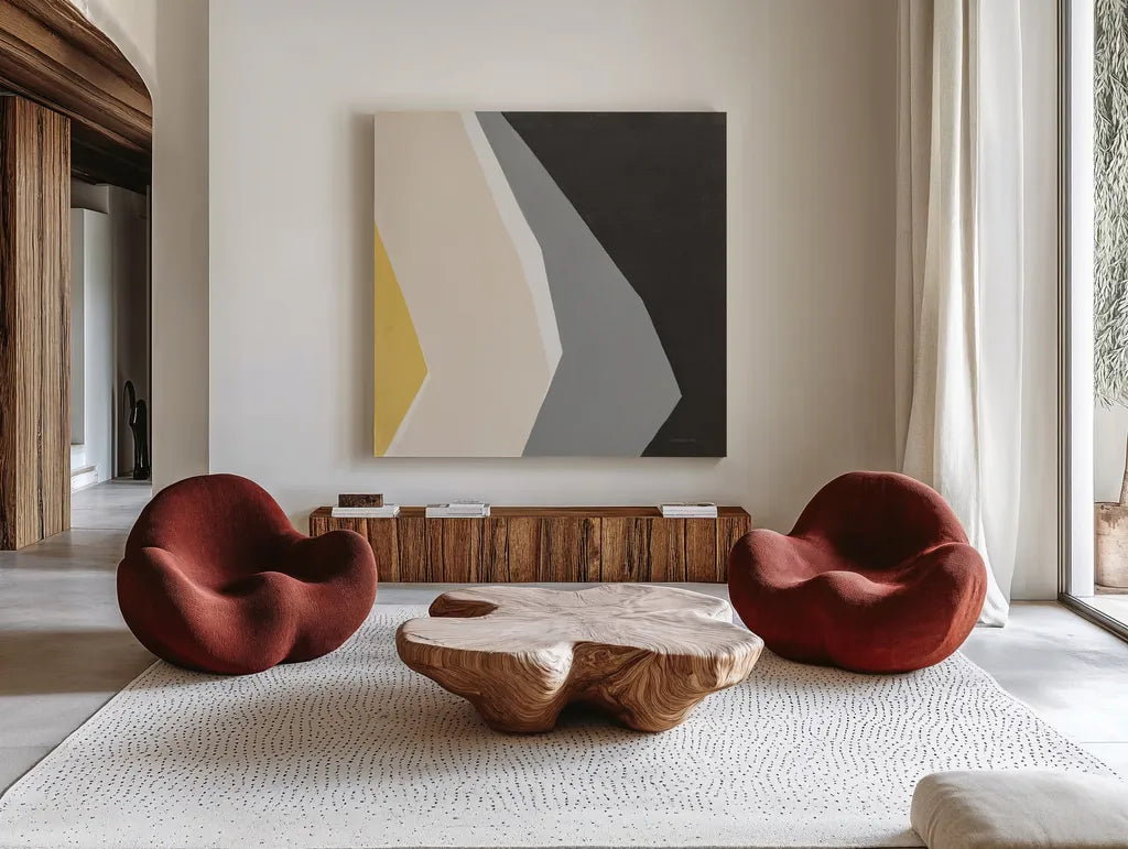 Prismatic Yellow by Danhui Nai. Shown as extra-large giant wall art in a modern living room. Available as an archival giclee rolled canvas, fine art paper, or poster print. SKU 88105a.