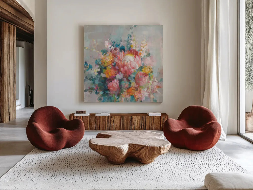 Protea Bouquet by Danhui Nai. Shown as extra-large giant wall art in a modern living room. Available as an archival giclee rolled canvas, fine art paper, or poster print. SKU 80476a.
