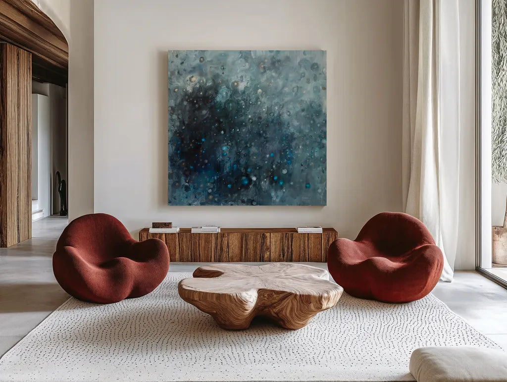 Rain in Gray and Blue by Danhui Nai. Shown as extra-large giant wall art in a modern living room. Available as an archival giclee rolled canvas, fine art paper, or poster print. SKU 88192a.