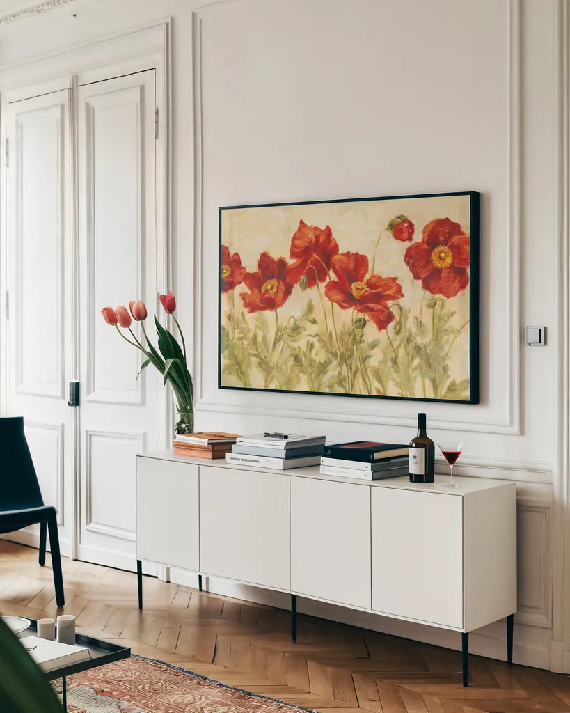 Red Poppies by Danhui Nai. shown as a framed stretched canvas in a living room above a console. Available as a archival giclee rolled canvas, fine art paper, or poster print. SKU 9395i.