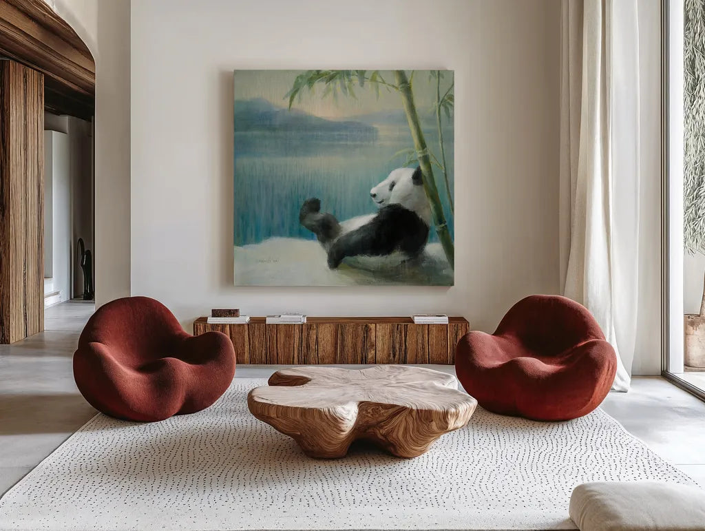 Resting in Bamboo by Danhui Nai. Shown as extra-large giant wall art in a modern living room. Available as an archival giclee rolled canvas, fine art paper, or poster print. SKU 45457a.