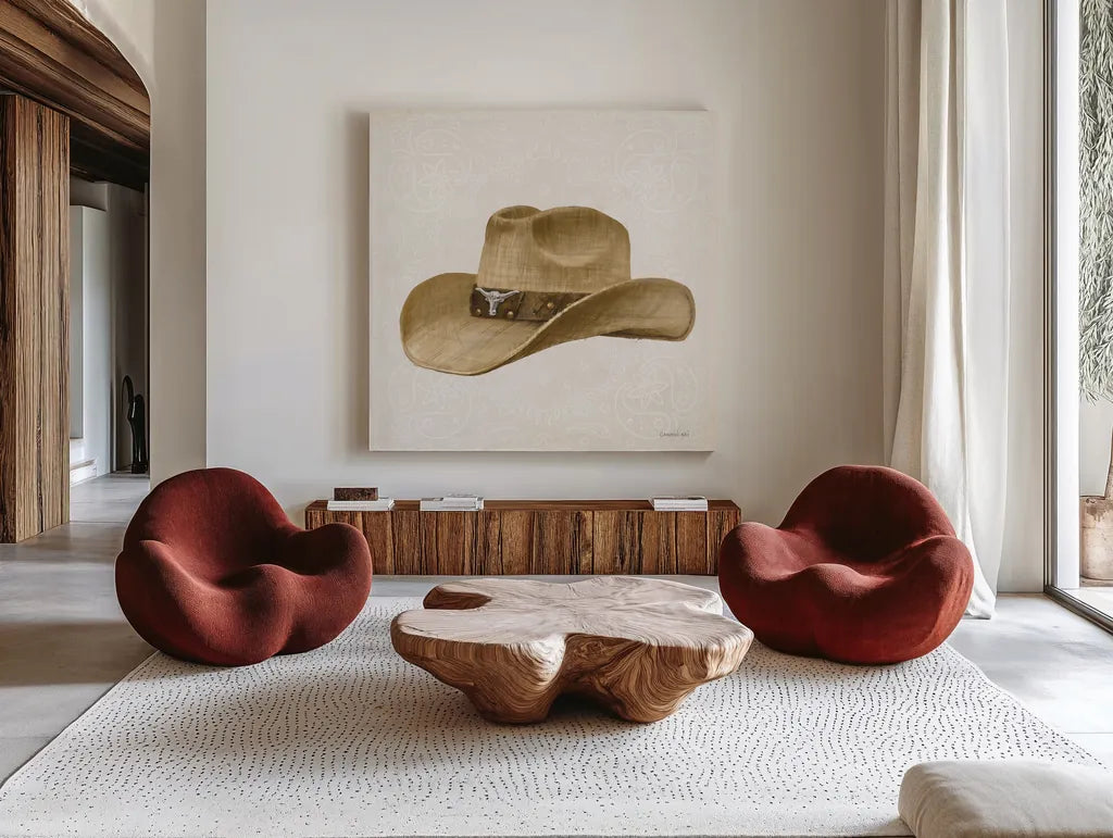 Riders of the Range VI by Danhui Nai. Shown as extra-large giant wall art in a modern living room. Available as an archival giclee rolled canvas, fine art paper, or poster print. SKU 96942a.