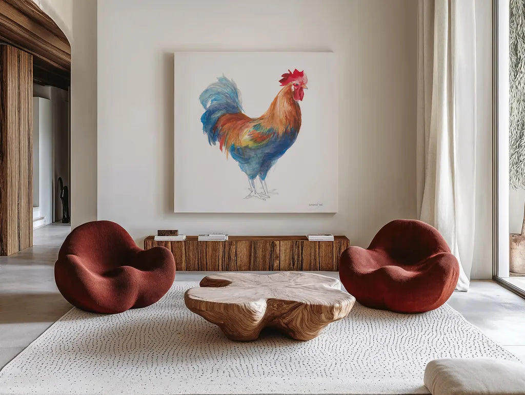 Rooster on White by Danhui Nai. Shown as extra-large giant wall art in a modern living room. Available as an archival giclee rolled canvas, fine art paper, or poster print. SKU 46170a.