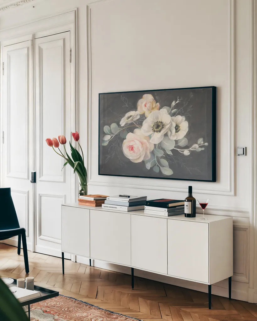 Roses and Anemones by Danhui Nai. shown as a framed stretched canvas in a living room above a console. Available as a archival giclee rolled canvas, fine art paper, or poster print. SKU 38229i.