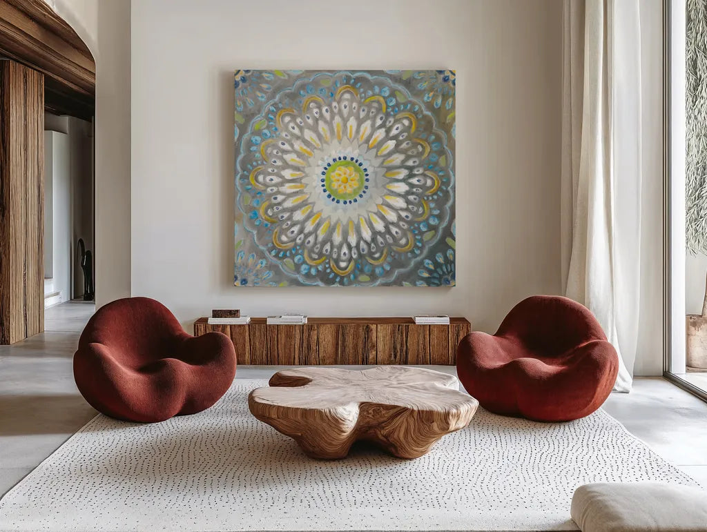 Rosette Mandala by Danhui Nai. Shown as extra-large giant wall art in a modern living room. Available as an archival giclee rolled canvas, fine art paper, or poster print. SKU 81362a.
