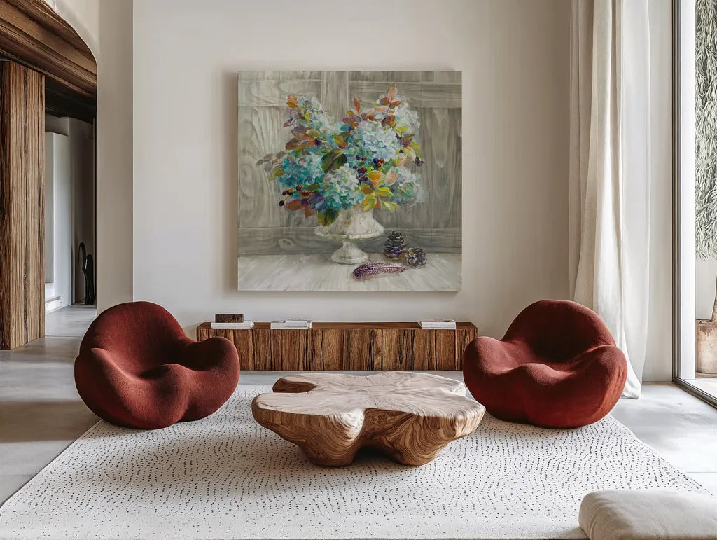 Rustic Florals by Danhui Nai. Shown as extra-large giant wall art in a modern living room. Available as an archival giclee rolled canvas, fine art paper, or poster print. SKU 22392a.