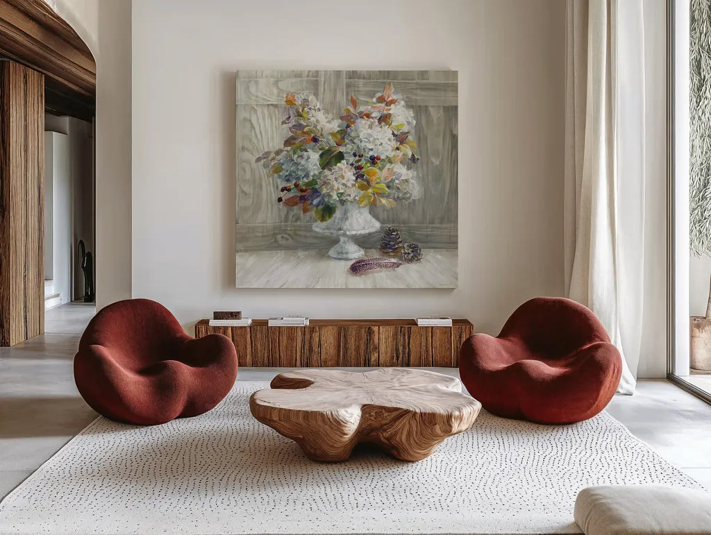 Rustic Florals White by Danhui Nai. Shown as extra-large giant wall art in a modern living room. Available as an archival giclee rolled canvas, fine art paper, or poster print. SKU 24459a.