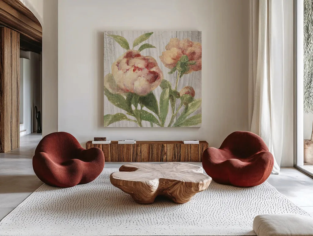 Scented Cottage Florals I Crop by Danhui Nai. Shown as extra-large giant wall art in a modern living room. Available as an archival giclee rolled canvas, fine art paper, or poster print. SKU 32063a.