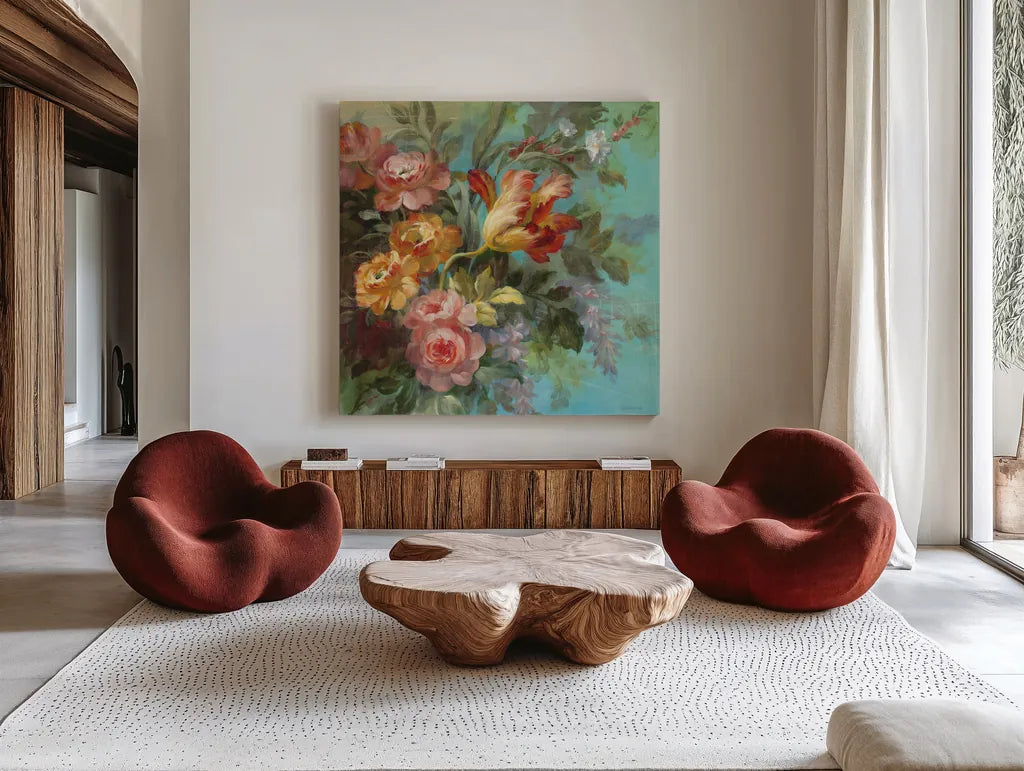 Seaside Garden II by Danhui Nai. Shown as extra-large giant wall art in a modern living room. Available as an archival giclee rolled canvas, fine art paper, or poster print. SKU 6002a.