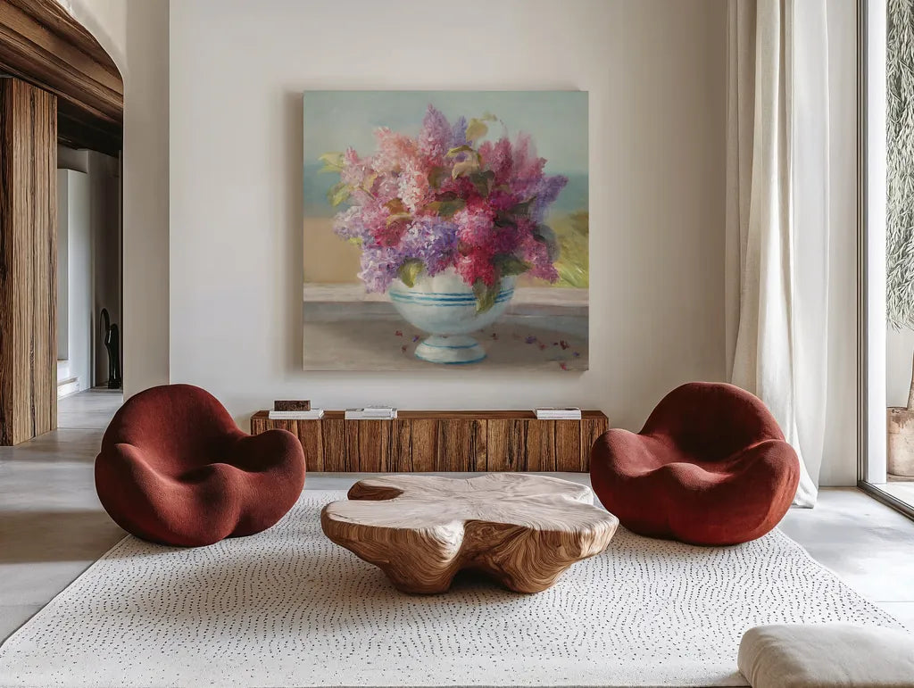Seaside Spring Crop II by Danhui Nai. Shown as extra-large giant wall art in a modern living room. Available as an archival giclee rolled canvas, fine art paper, or poster print. SKU 30770a.
