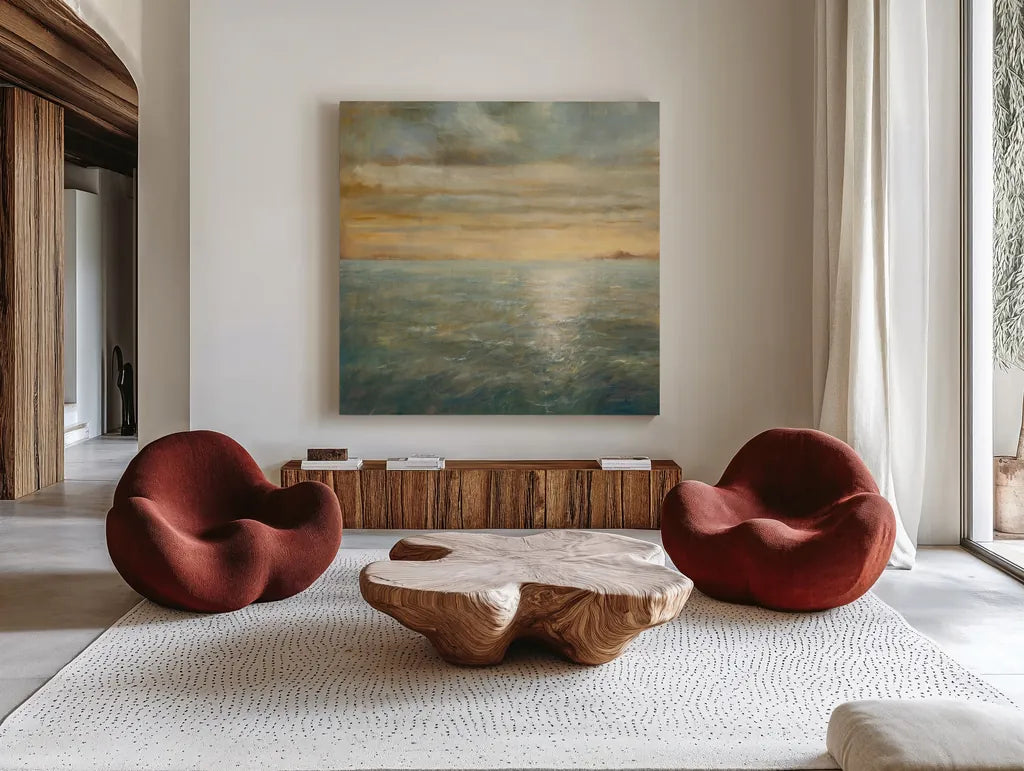 Serene Sea I by Danhui Nai. Shown as extra-large giant wall art in a modern living room. Available as an archival giclee rolled canvas, fine art paper, or poster print. SKU 2564a.