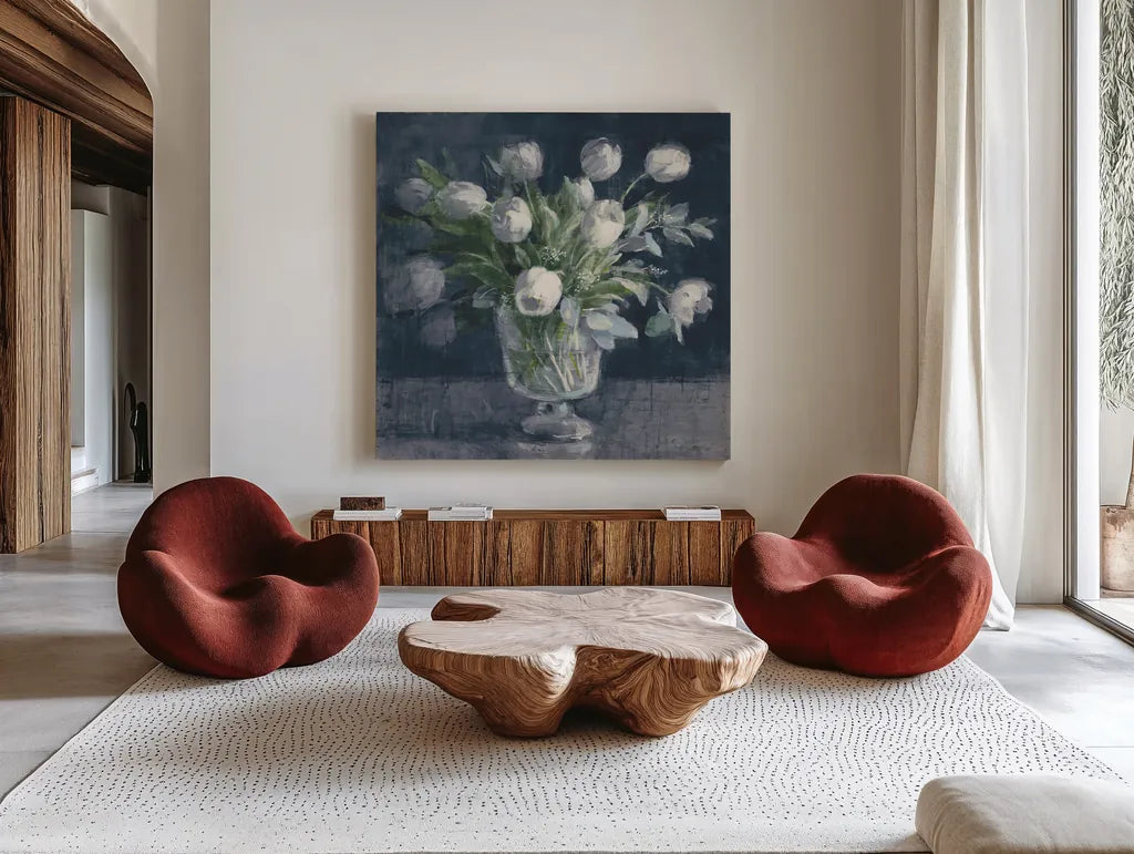 Serene Tulips Navy by Danhui Nai. Shown as extra-large giant wall art in a modern living room. Available as an archival giclee rolled canvas, fine art paper, or poster print. SKU 83759a.