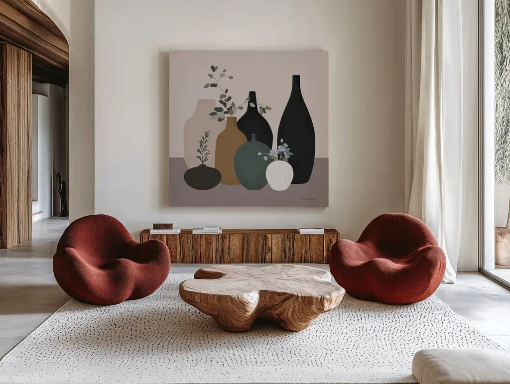 Simple Vessels II by Danhui Nai. Shown as extra-large giant wall art in a modern living room. Available as an archival giclee rolled canvas, fine art paper, or poster print. SKU 86339a.