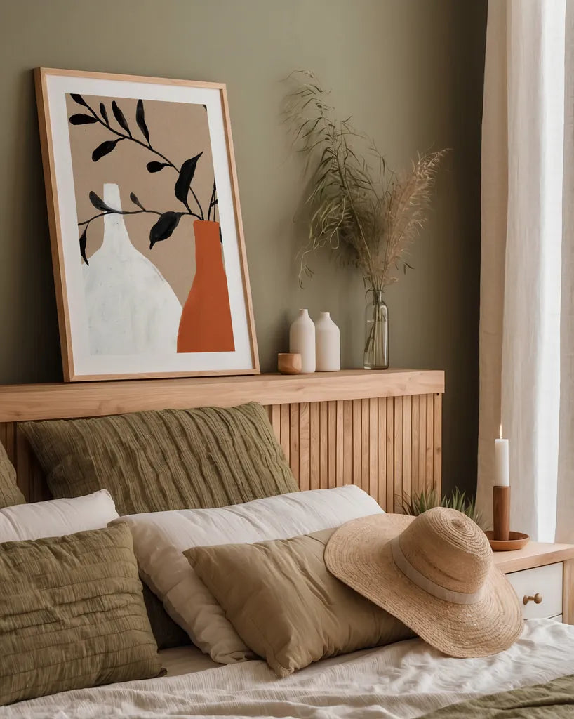 Slender Stems II Terracotta Crop by Danhui Nai. shown as a paper print in a natural frame. Available as a archival giclee rolled canvas, fine art paper, or poster print. SKU 80192h.