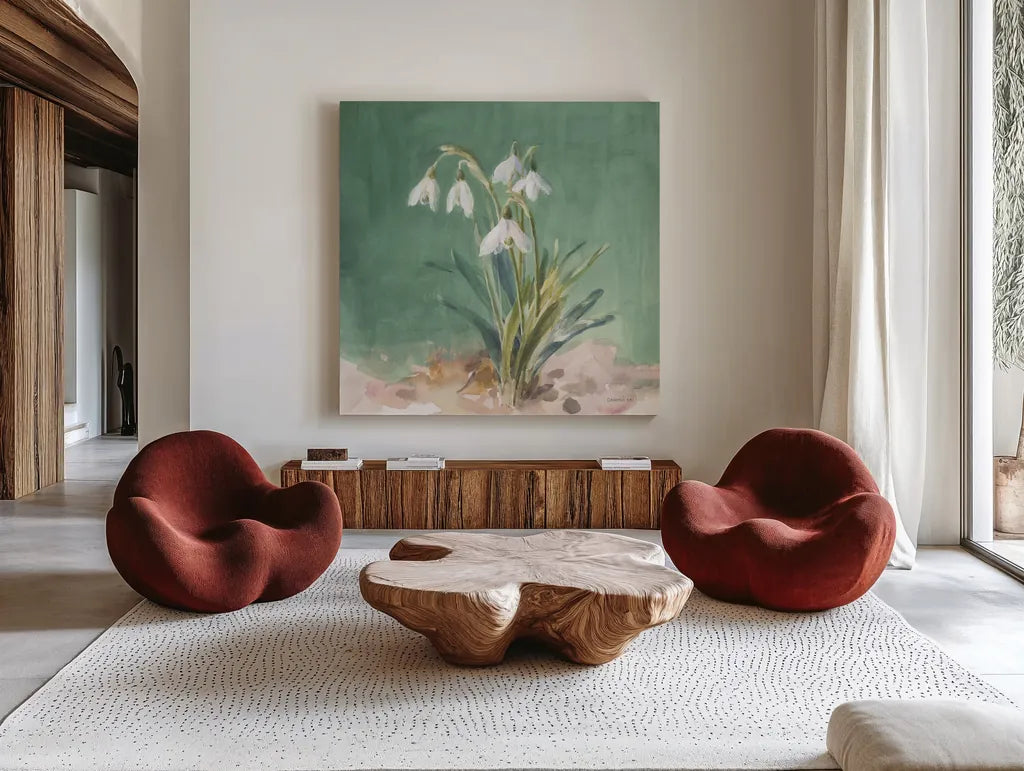 Soft Dewdrops by Danhui Nai. Shown as extra-large giant wall art in a modern living room. Available as an archival giclee rolled canvas, fine art paper, or poster print. SKU 72637a.