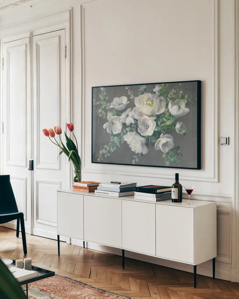Special Day Crop by Danhui Nai. shown as a framed stretched canvas in a living room above a console. Available as a archival giclee rolled canvas, fine art paper, or poster print. SKU 48992i.