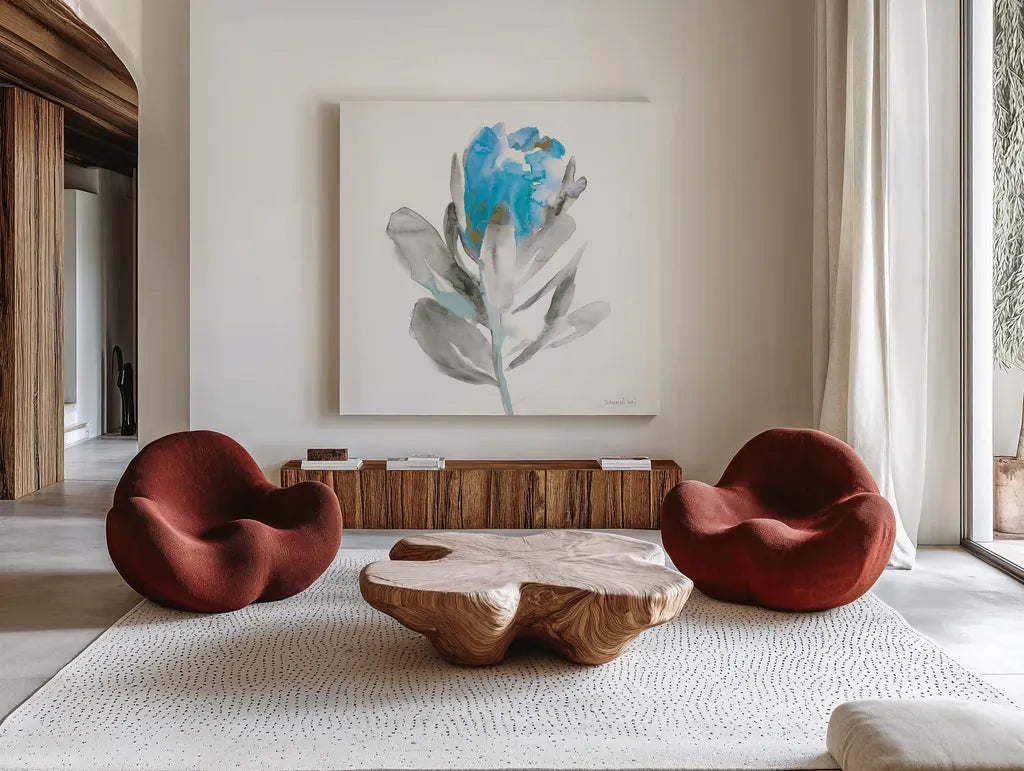 Spirit Flower I Blue Crop by Danhui Nai. Shown as extra-large giant wall art in a modern living room. Available as an archival giclee rolled canvas, fine art paper, or poster print. SKU 75577a.
