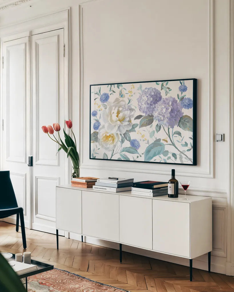 Spring Morning Blooms II by Danhui Nai. shown as a framed stretched canvas in a living room above a console. Available as a archival giclee rolled canvas, fine art paper, or poster print. SKU 85085i.