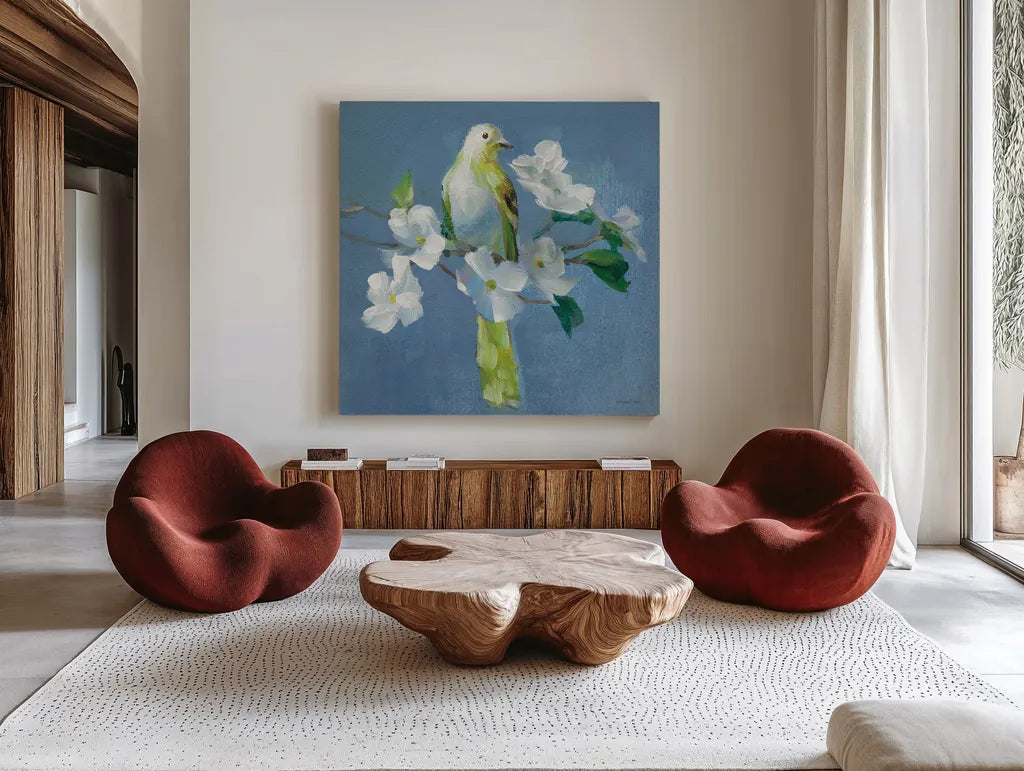 Spring in the Neighborhood II by Danhui Nai. Shown as extra-large giant wall art in a modern living room. Available as an archival giclee rolled canvas, fine art paper, or poster print. SKU 54802a.
