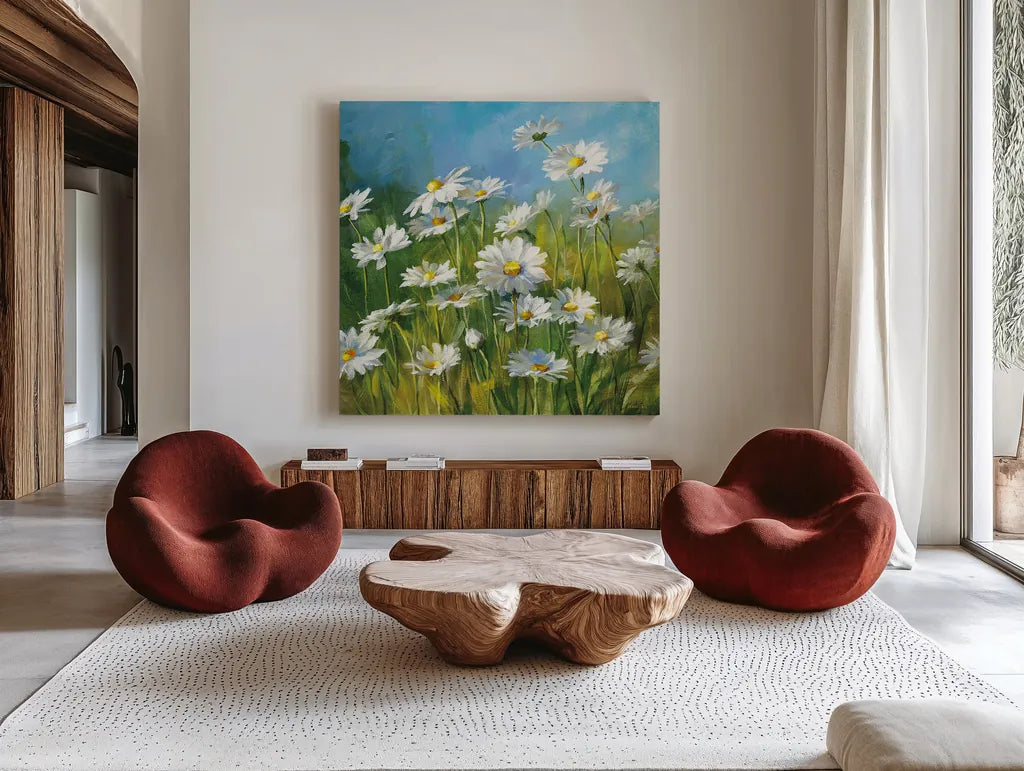 Summer Field II by Danhui Nai. Shown as extra-large giant wall art in a modern living room. Available as an archival giclee rolled canvas, fine art paper, or poster print. SKU 6575a.