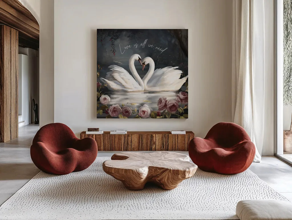 Swan Lake Love is All we Need by Danhui Nai. Shown as extra-large giant wall art in a modern living room. Available as an archival giclee rolled canvas, fine art paper, or poster print. SKU 97399a.