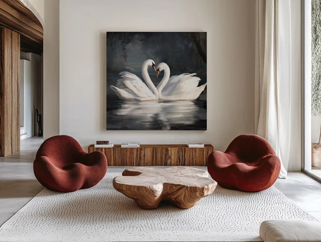 Swan Lake No Flowers by Danhui Nai. Shown as extra-large giant wall art in a modern living room. Available as an archival giclee rolled canvas, fine art paper, or poster print. SKU 97125a.