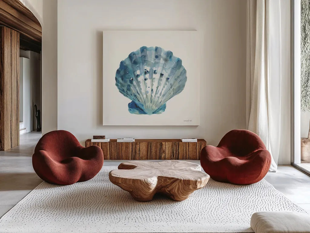 Tidepool Treasures II by Danhui Nai. Shown as extra-large giant wall art in a modern living room. Available as an archival giclee rolled canvas, fine art paper, or poster print. SKU 99255a.