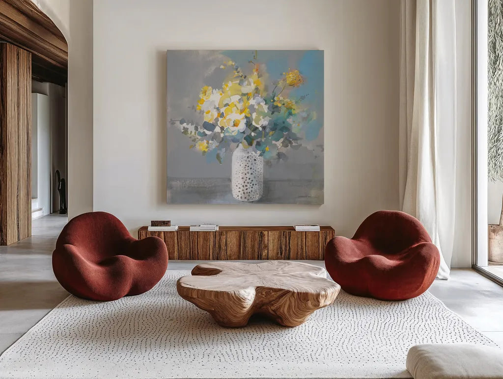 Touch of Spring I by Danhui Nai. Shown as extra-large giant wall art in a modern living room. Available as an archival giclee rolled canvas, fine art paper, or poster print. SKU 69672a.