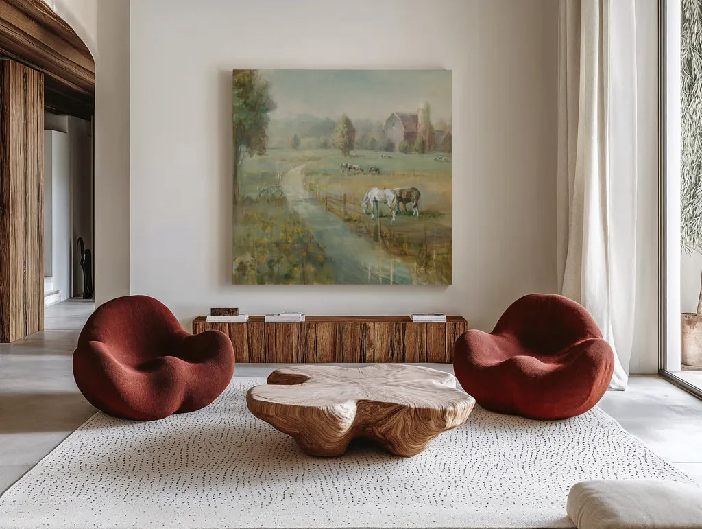 Tranquil Farm Crop by Danhui Nai. Shown as extra-large giant wall art in a modern living room. Available as an archival giclee rolled canvas, fine art paper, or poster print. SKU 31266a.
