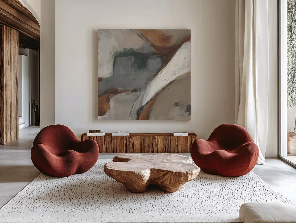 Transcend II by Danhui Nai. Shown as extra-large giant wall art in a modern living room. Available as an archival giclee rolled canvas, fine art paper, or poster print. SKU 85200a.