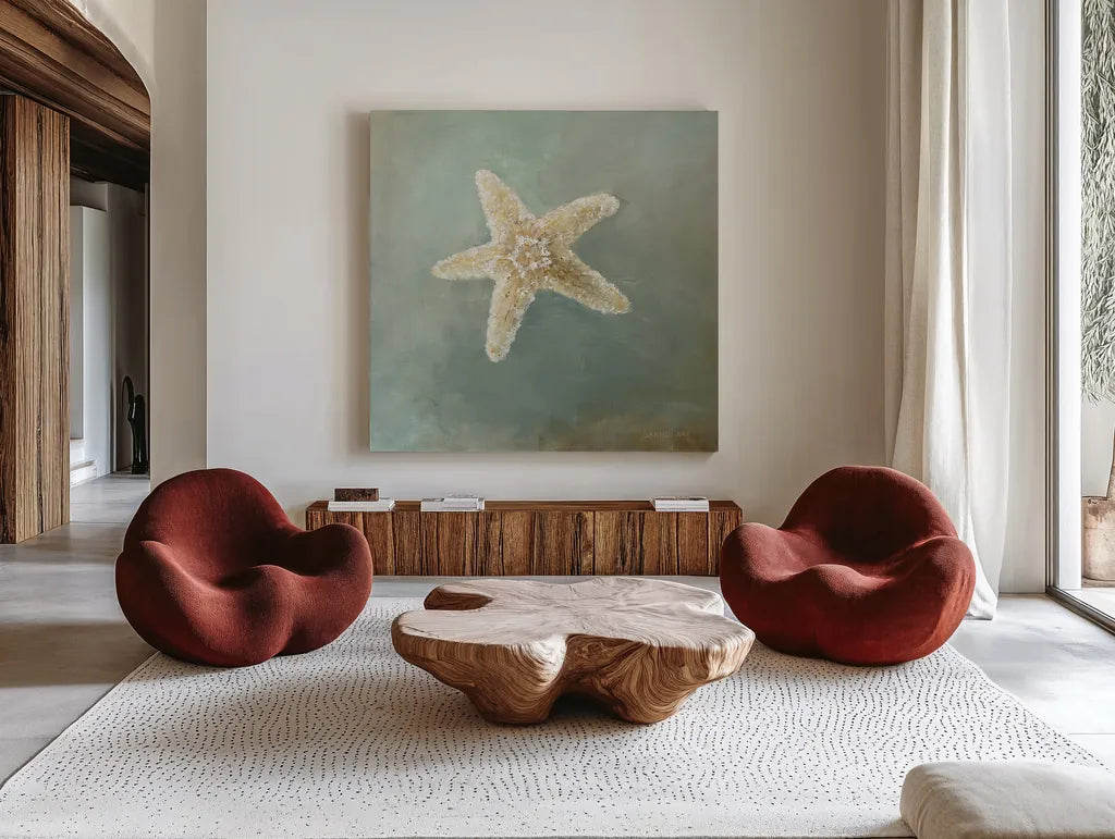 Treasures from the Sea IV by Danhui Nai. Shown as extra-large giant wall art in a modern living room. Available as an archival giclee rolled canvas, fine art paper, or poster print. SKU 20692a.