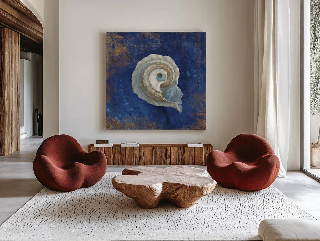 Treasures from the Sea Indigo III by Danhui Nai. Shown as extra-large giant wall art in a modern living room. Available as an archival giclee rolled canvas, fine art paper, or poster print. SKU 20050a.