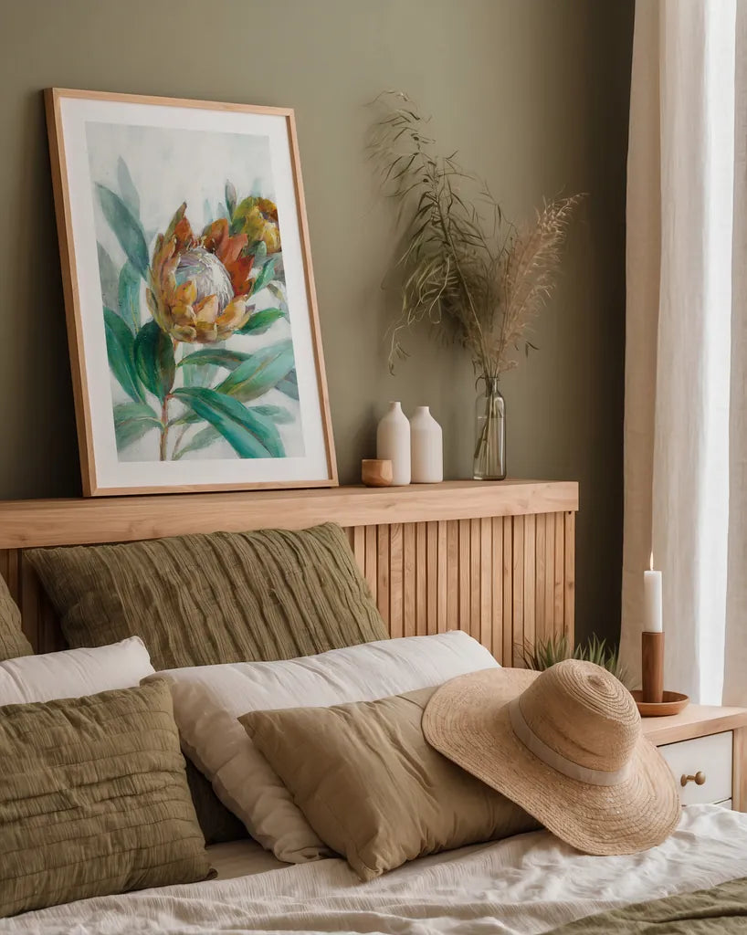 Tropical Protea by Danhui Nai. shown as a paper print in a natural frame. Available as a archival giclee rolled canvas, fine art paper, or poster print. SKU 56275h.