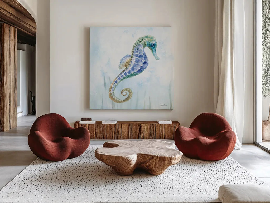 Undersea Seahorse Swimming II by Danhui Nai. Shown as extra-large giant wall art in a modern living room. Available as an archival giclee rolled canvas, fine art paper, or poster print. SKU 84798a.