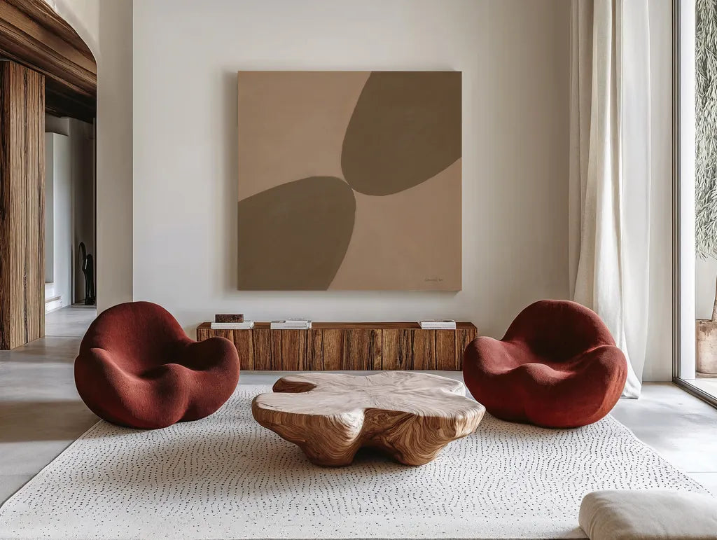 Unity Brown by Danhui Nai. Shown as extra-large giant wall art in a modern living room. Available as an archival giclee rolled canvas, fine art paper, or poster print. SKU 85454a.