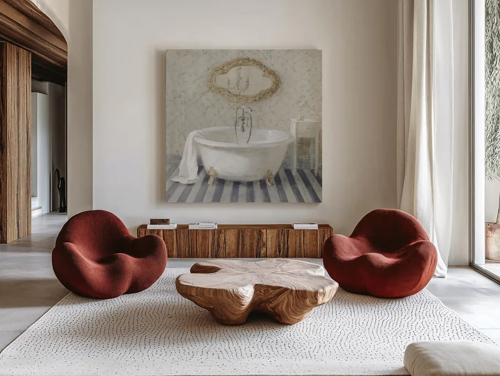 Victorian Bath II Navy by Danhui Nai. Shown as extra-large giant wall art in a modern living room. Available as an archival giclee rolled canvas, fine art paper, or poster print. SKU 54870a.